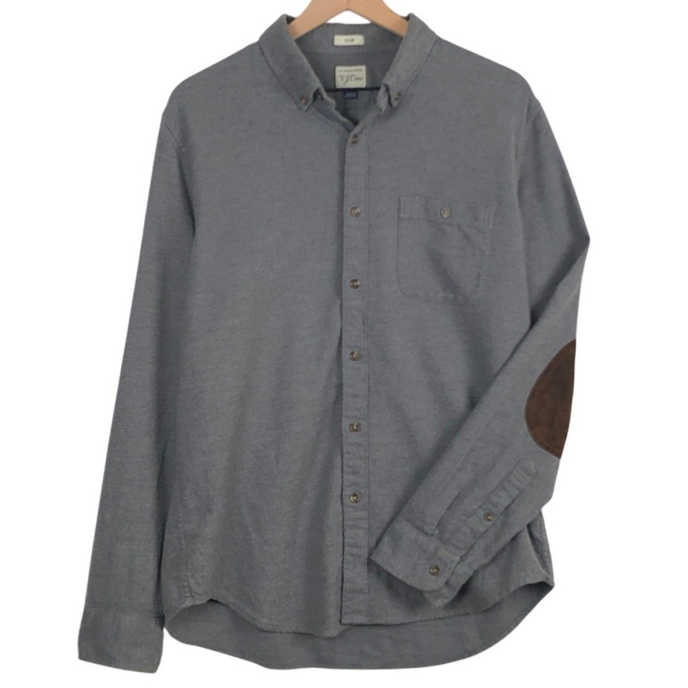 J.CREW Slim Fit Flannel Button Down Elbow Patch Shirt Men's L Grey Brown L/S